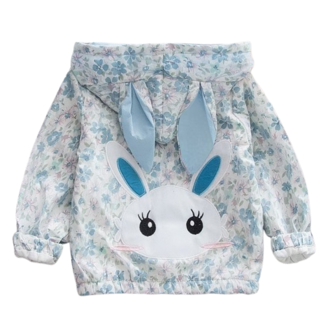 Front view of a light pink floral hooded windbreaker jacket for toddler girls.