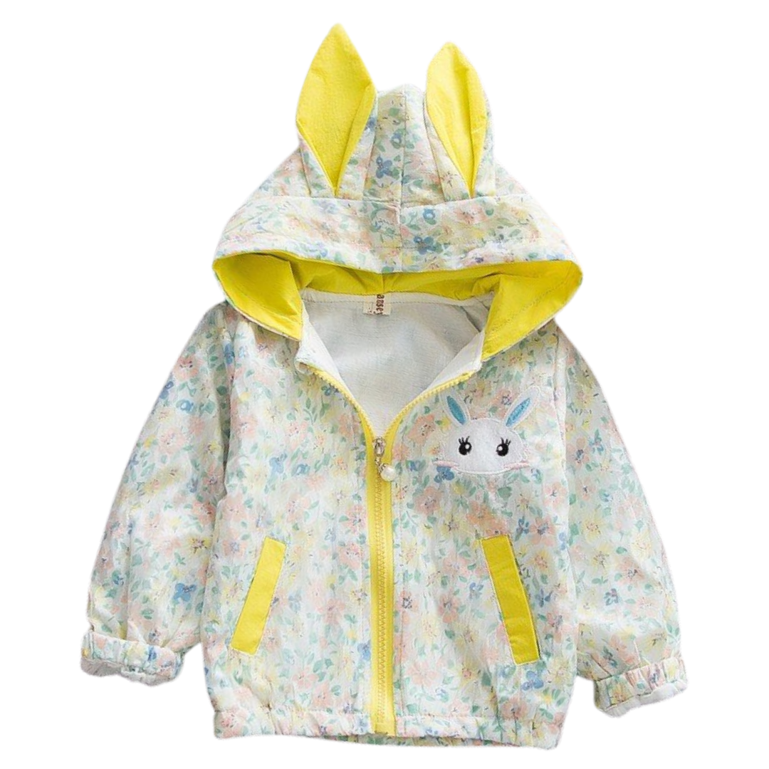 Close-up of the hood with bunny ears on a toddler girls' floral windbreaker jacket.