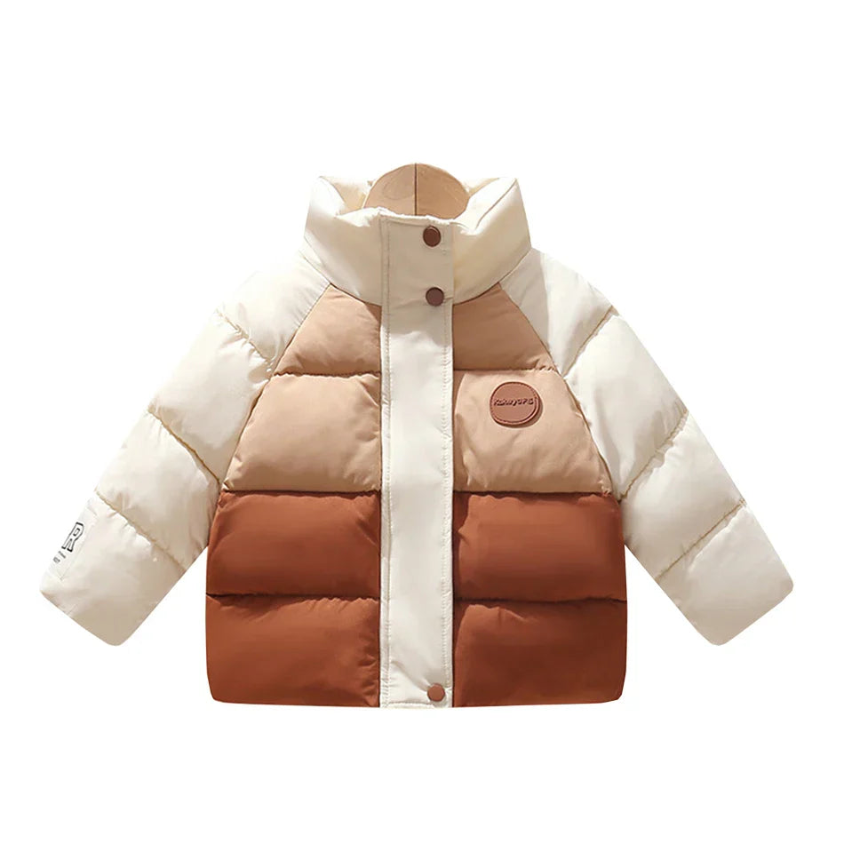 Polka dot insulated winter coat for kids, hanging, showing hood and zipper, breathable jacket