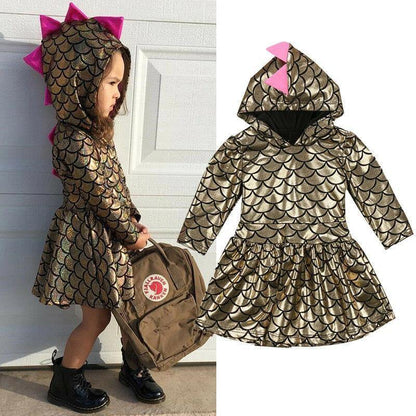 Girls' hooded dress with shimmering pink fabric and fun dinosaur spikes, ideal toddler clothing.