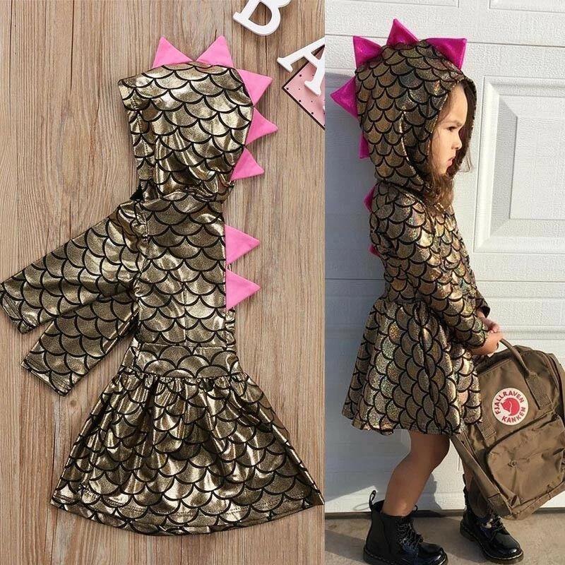 Back view of girls' shimmer dinosaur hooded dress, showing hood and comfortable cotton blend fabric.