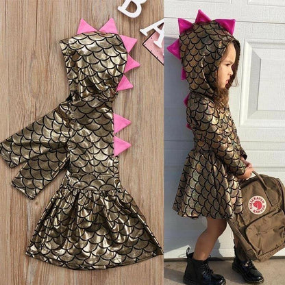 Back view of girls' shimmer dinosaur hooded dress, showing hood and comfortable cotton blend fabric.