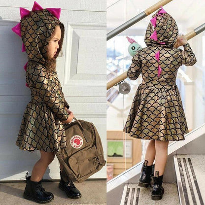 Shimmer dinosaur hooded dress for girls, a comfortable and fun cotton blend outfit for toddler girls.