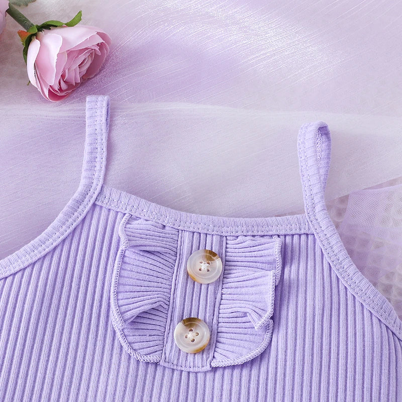 Full shot of a purple girls' princess dress, designed for comfort and style as a play dress