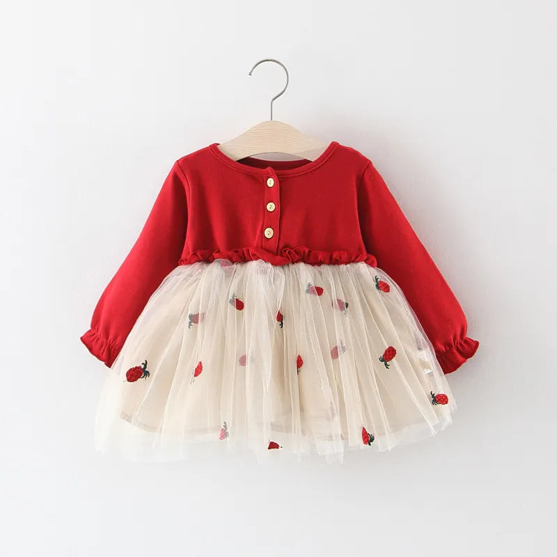 Toddler girl in red lace long sleeve princess dress, perfect for spring or autumn party wear.