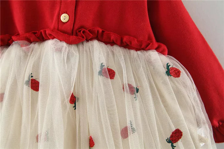 Red long sleeve dress with multilayered tutu skirt and lace details, a perfect spring outfit.