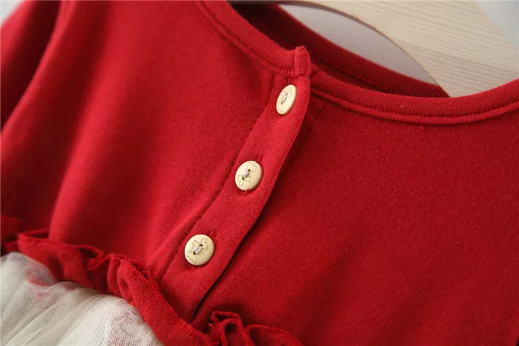Girls' autumn party dress: red long sleeve with exquisite lace overlay and comfortable fit.