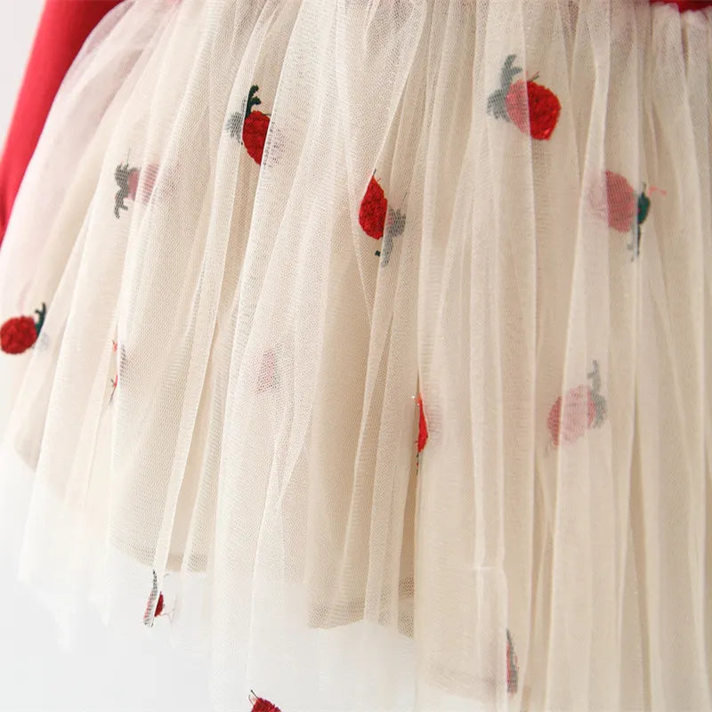 Full view of a red long sleeve princess dress with lace and tulle skirt for spring/autumn.