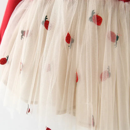 Full view of a red long sleeve princess dress with lace and tulle skirt for spring/autumn.