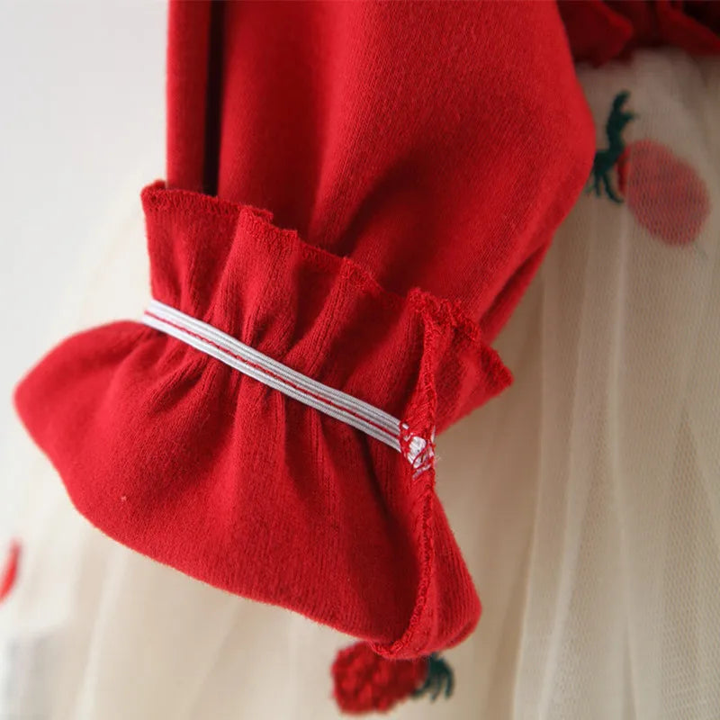 Red long sleeve princess dress for girls, featuring a delicate lace bodice and full tutu skirt.