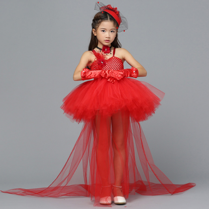 Toddler girl in red Pop Princess tulle costume dress, ideal for Halloween parties.