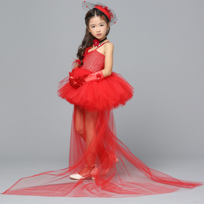 Toddler girl's red Pop Princess costume dress made with soft, flowing tulle fabric.