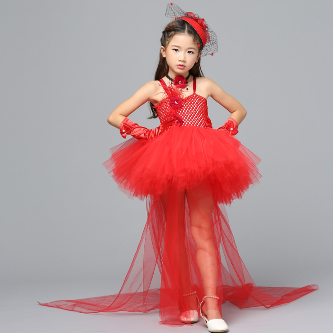 Red Pop Princess tulle costume dress for toddlers, featuring sparkling details.