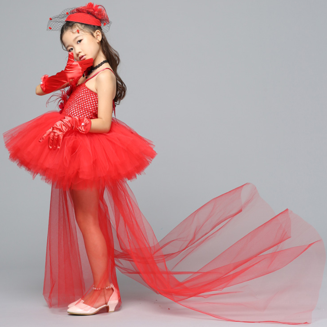 Children's red fairytale princess tulle dress, suitable for Halloween and parties.