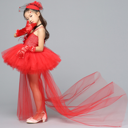 Children's red fairytale princess tulle dress, suitable for Halloween and parties.
