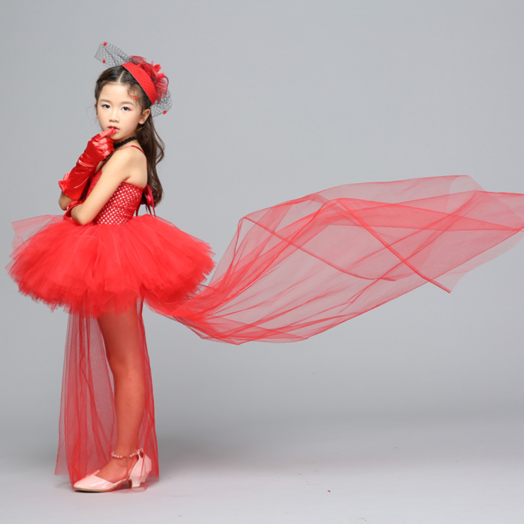 Girls' fancy dress red Pop Princess costume, a charming outfit for any event.