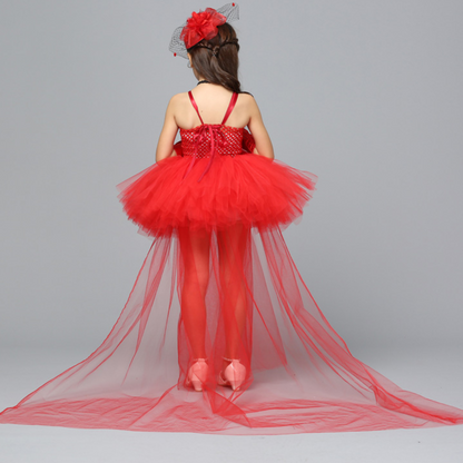 Red multi-layered tulle princess dress for kids, an enchanting Halloween costume.