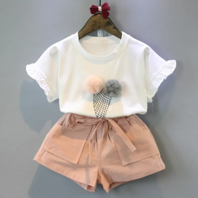 Toddler girl's beige polka dot short sleeve top & shorts summer outfit set made from cotton