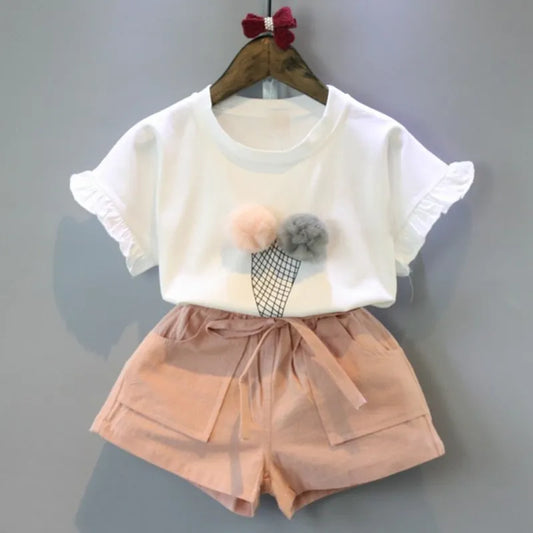 Toddler girl's beige polka dot short sleeve top & shorts summer outfit set made from cotton
