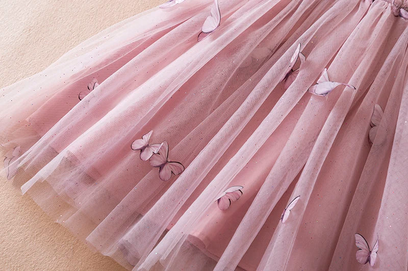 Kids baby girl summer party princess dress, vibrant butterflies and delicate floral patterns.