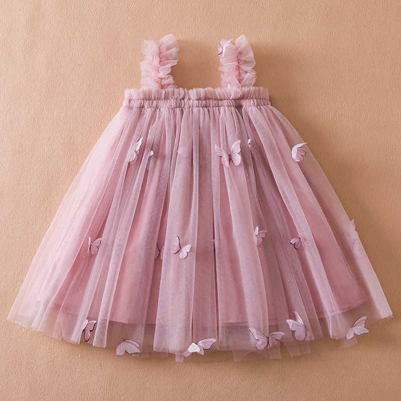 Summer princess dress for toddler girls, featuring playful butterflies and delicate floral embroidery.