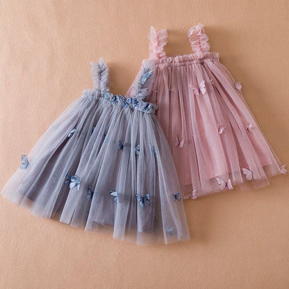 Baby girl's summer party dress, light blue with colorful butterfly applique and embroidered flowers.