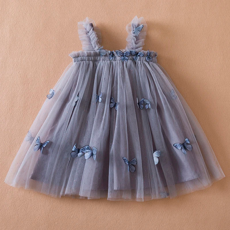 Toddler girl butterfly dress, elegant princess style with embroidered florals, ideal for summer parties.