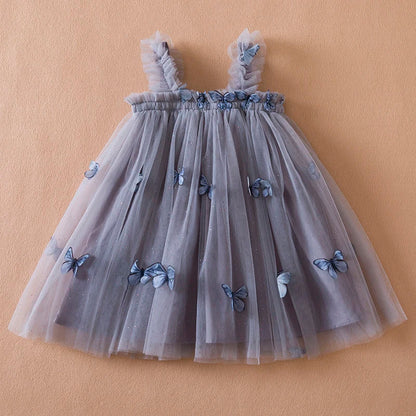 Toddler girl butterfly dress, elegant princess style with embroidered florals, ideal for summer parties.