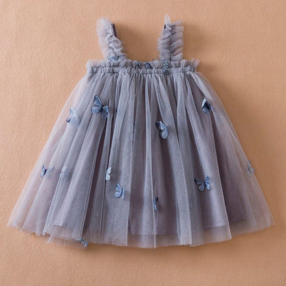 Kids fashion: Toddler girl's summer dress, blue with butterfly and floral embroidery, special occasion wear.