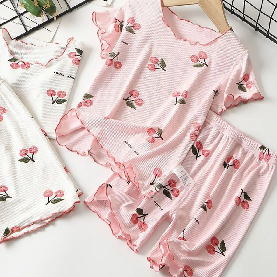 Toddler girl's cherry print modal cotton short sleeve pajamas, perfect for summer sleepwear, sizes 1-8 years