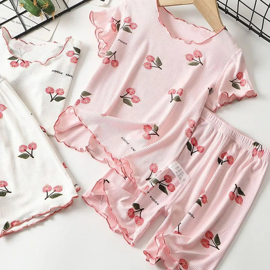 Toddler girl's cherry print modal cotton short sleeve pajamas, perfect for summer sleepwear, sizes 1-8 years