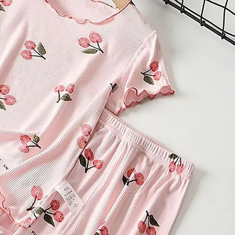Kids' summer pajamas: cherry print modal cotton top and shorts set for comfortable sleep, toddler to young girl