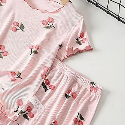 Kids' summer pajamas: cherry print modal cotton top and shorts set for comfortable sleep, toddler to young girl