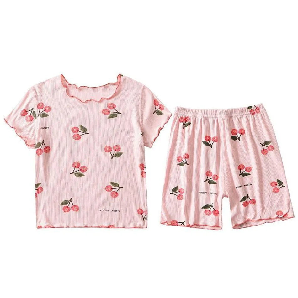 Adorable cherry pattern on girls' modal cotton pajamas, a soft and breathable sleepwear choice for summer