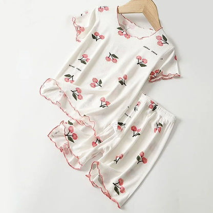 Girls' cherry print short-sleeve and shorts pajama set in modal cotton, perfect for warm nights, 1-8 years
