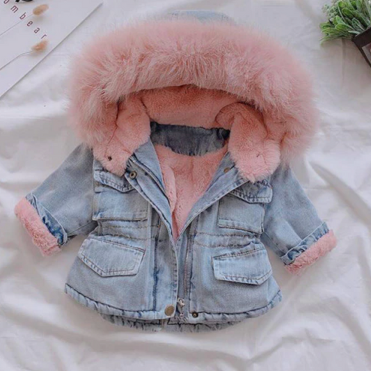 Toddler girl's denim jacket with soft faux fur hood, perfect warm winter coat for kids outerwear.