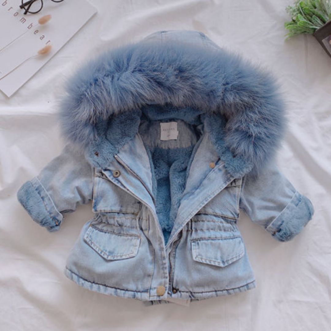 Warm winter denim jacket for girls, featuring a cozy faux fur hood; ideal children's fashion.