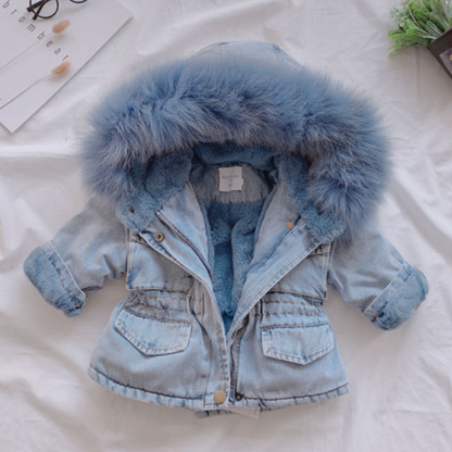 Warm winter denim jacket for girls, featuring a cozy faux fur hood; ideal children's fashion.