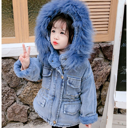 Children's winter coat: durable denim jacket with a plush faux fur hood for ultimate warmth.