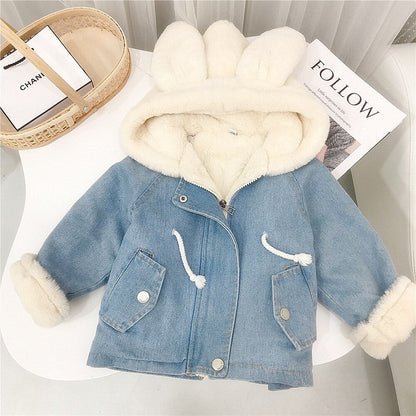 Girls' clothing: versatile denim jacket with a faux fur trim hood, a must-have warm winter coat.