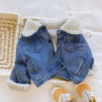 Cozy and stylish girls' denim jacket, designed with a warm faux fur hood for winter adventures.