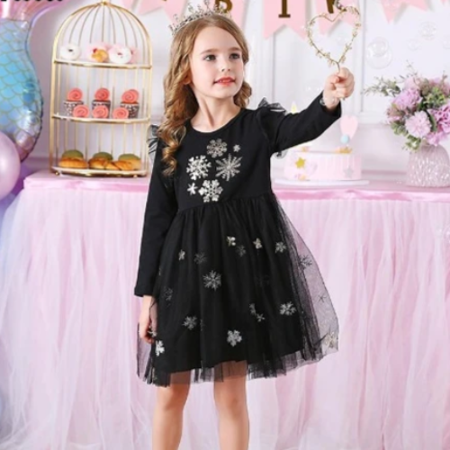 Toddler girl's festive snowflake long sleeve mesh dress, perfect for Christmas parties and holidays.
