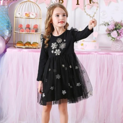 Toddler girl's festive snowflake long sleeve mesh dress, perfect for Christmas parties and holidays.