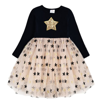 Girls' winter snowflake long sleeve mesh dress, a beautiful cotton blend party outfit.