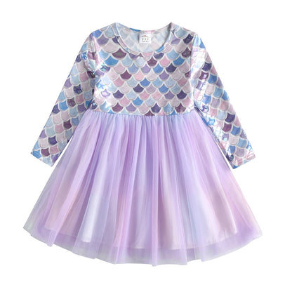 Hanging display of a girls' holiday snowflake long sleeve mesh dress, ready for gifting.