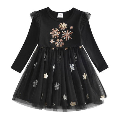 Girls' holiday snowflake cotton blend long sleeve mesh dress with a festive design.