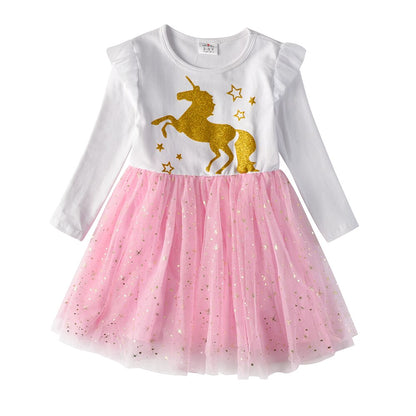 Full shot of a girls' Christmas snowflake long sleeve mesh dress, a charming party outfit.