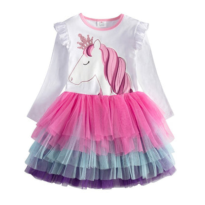 Girls' festive snowflake ball gown style long sleeve mesh dress, elegant holiday attire.