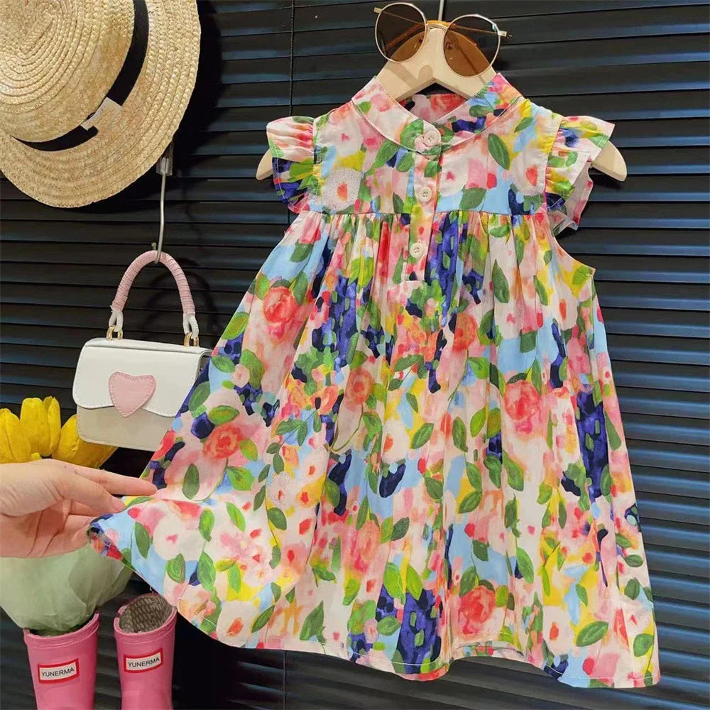 Toddler girl's floral flying sleeve summer dress, a-line, cotton blend, casual