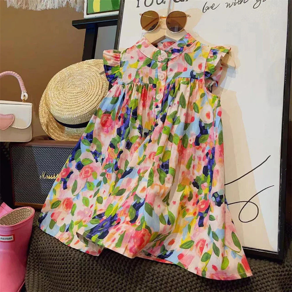 Kids clothing: Floral flying sleeve dress, ideal for baby girls' summer style